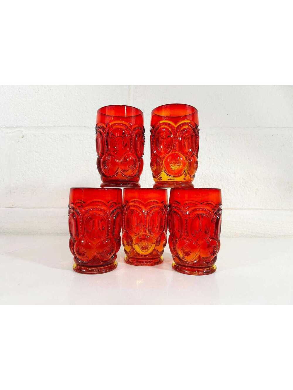 Vintage LE Smith Red Moon & Stars Glasses Set of 5 Glassware 1960s Amberina